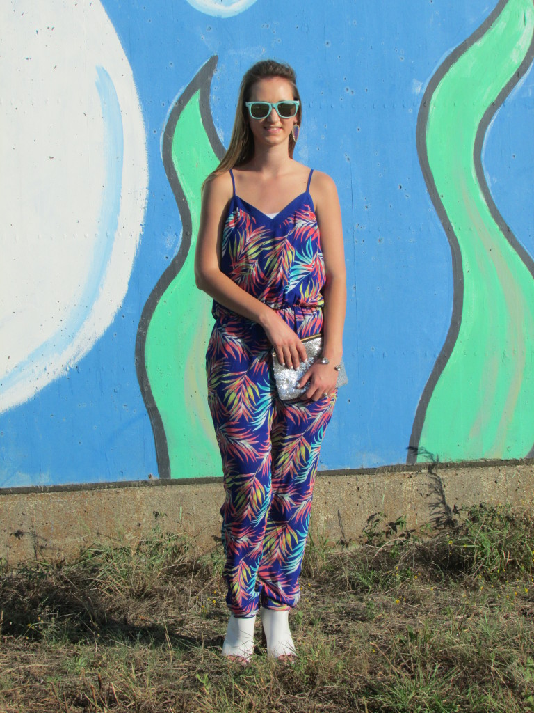 Colorful palm tree jumpsuit, sequin clutch