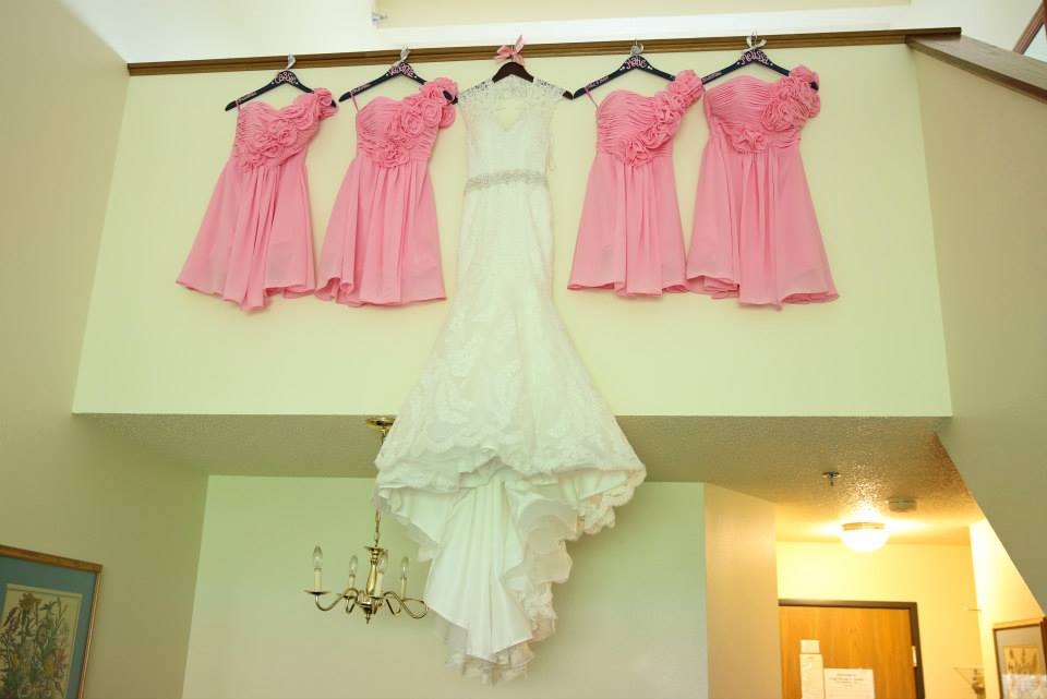 wedding dress, pink bridesmaid dresses