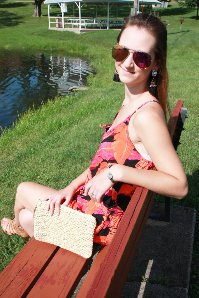 Target straw clutch, banana leaf romper