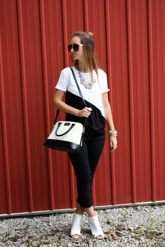 Kate Spade bag, statement necklace, black and white