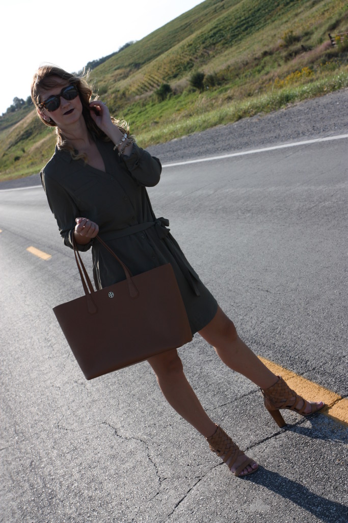 military green shirt dress, Express, dolce vita heels, Nordstrom