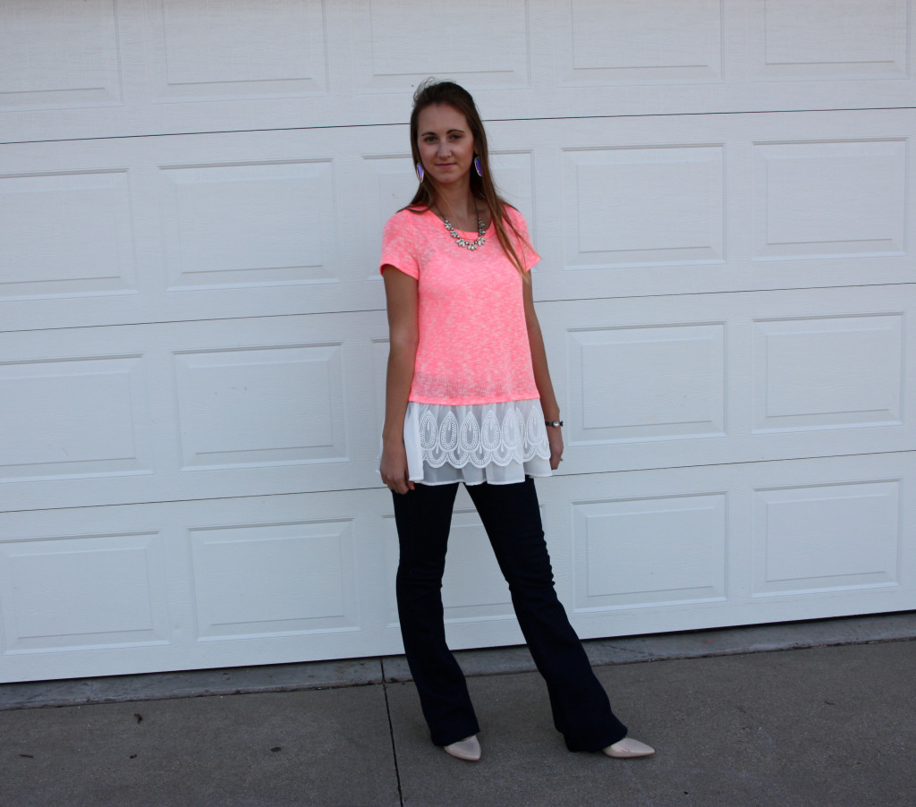 lace top, Express, flare jeans