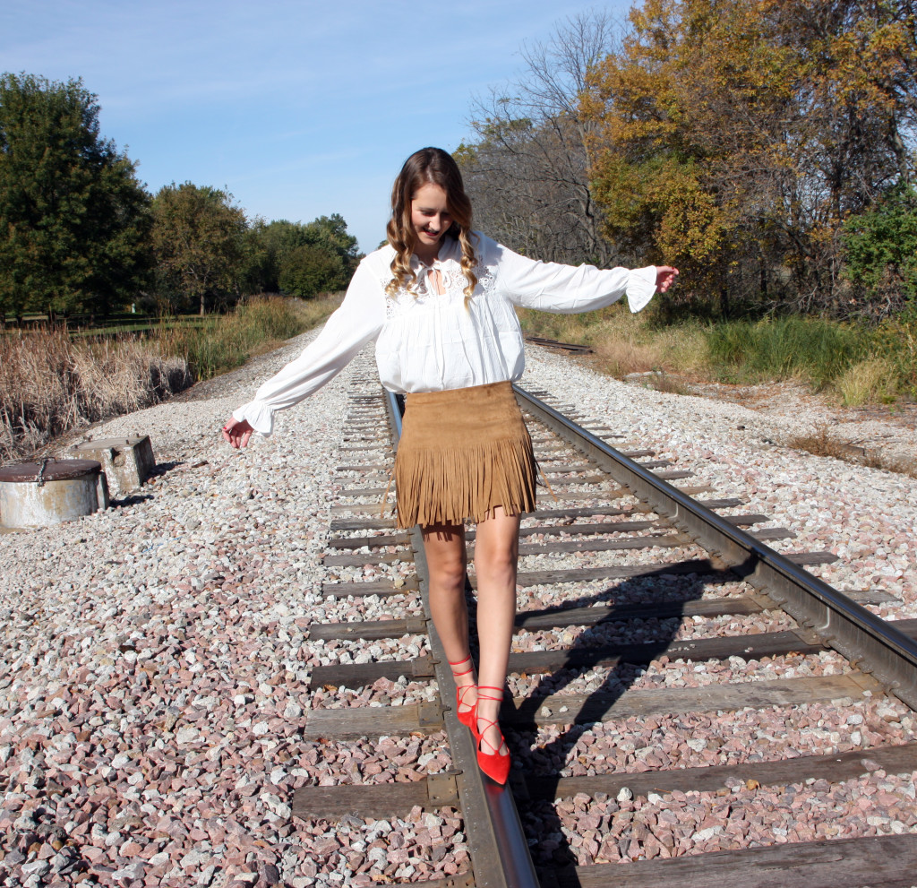 H&M, white blouse, red flats