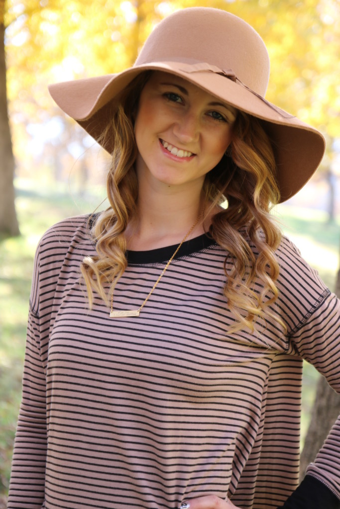 roman numeral necklace, tunic, floppy hat