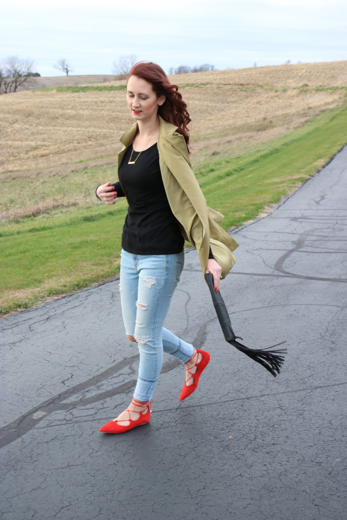 Topshop red flats, fringe clutch, sleeveless vest