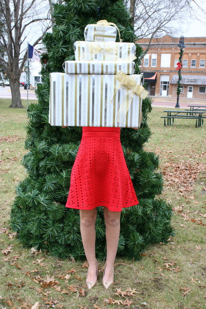 Target wrapping paper, red dress, holiday look