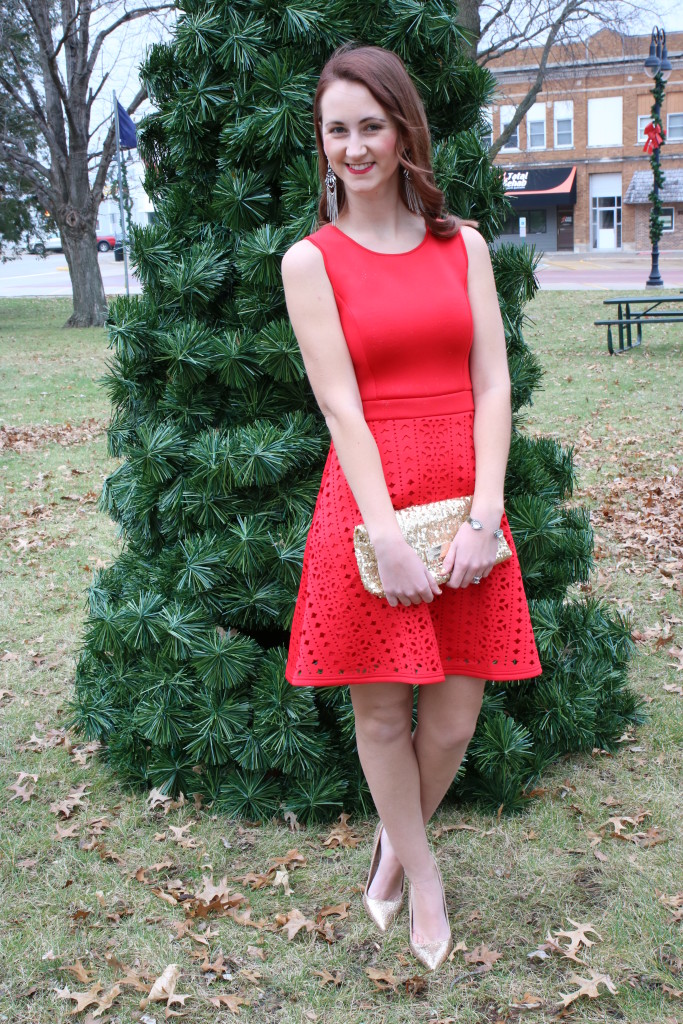 red dress, glitter clutch