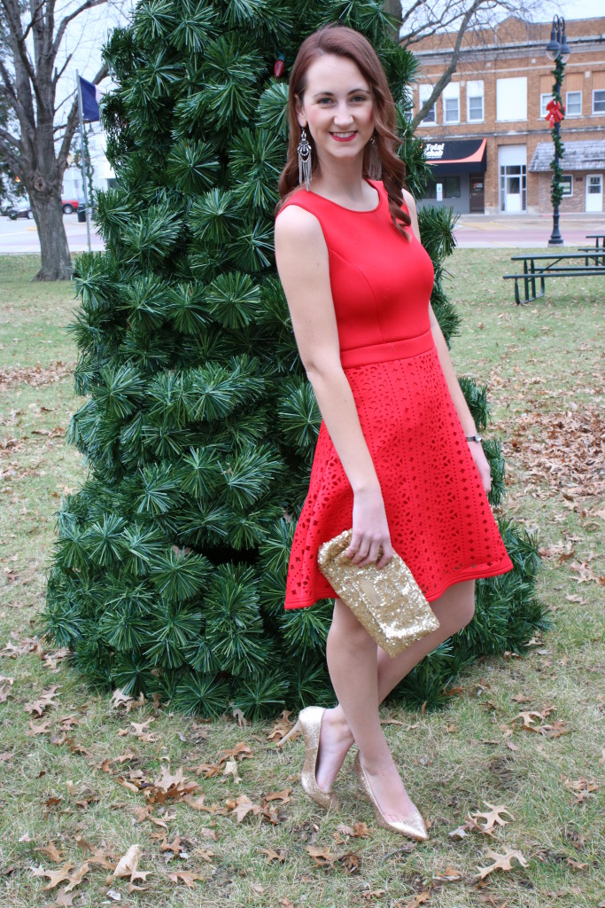 Francesca's red dress, Forever 21 heels, glitter clutch