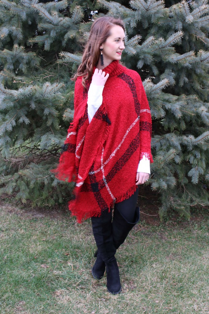 plaid poncho, express faux leather leggings