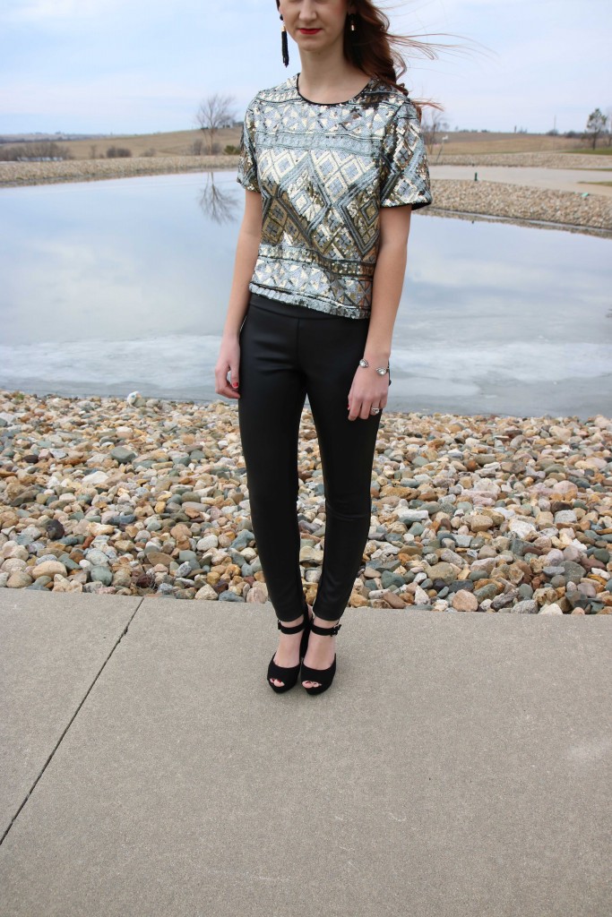 NYE look, sequin top, Target platform heels