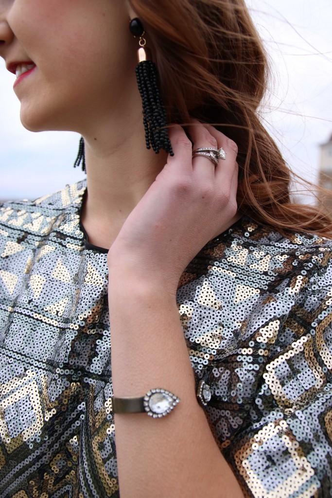 Forever 21 sequin top, Purple Peridot earrings, Loren Hope cuff