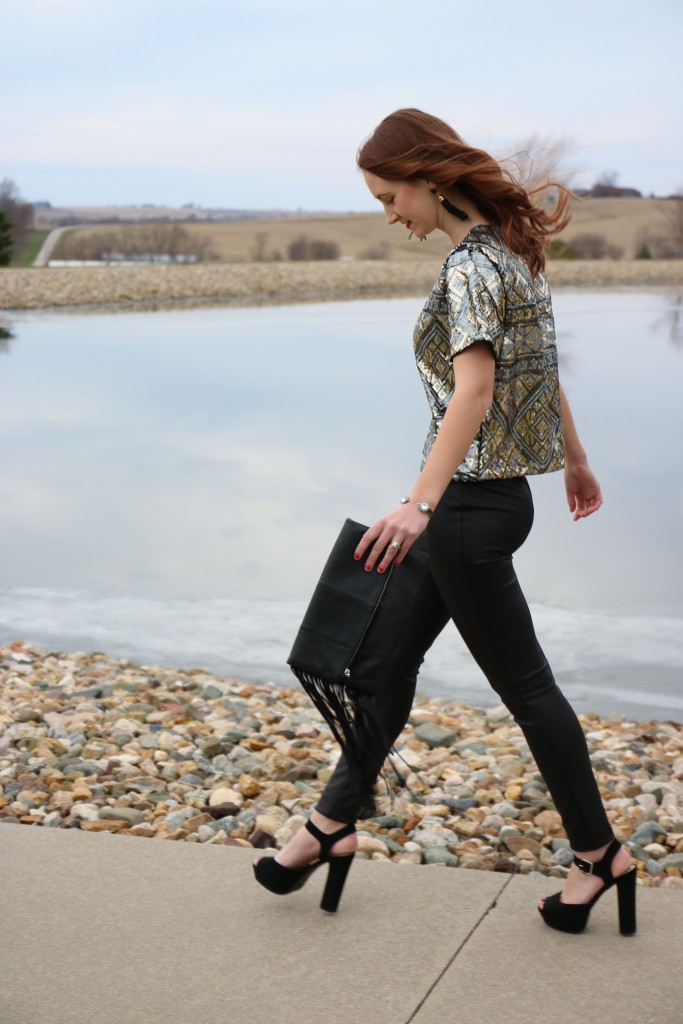 Express tassel clutch. Express scuba leggings, sequin top