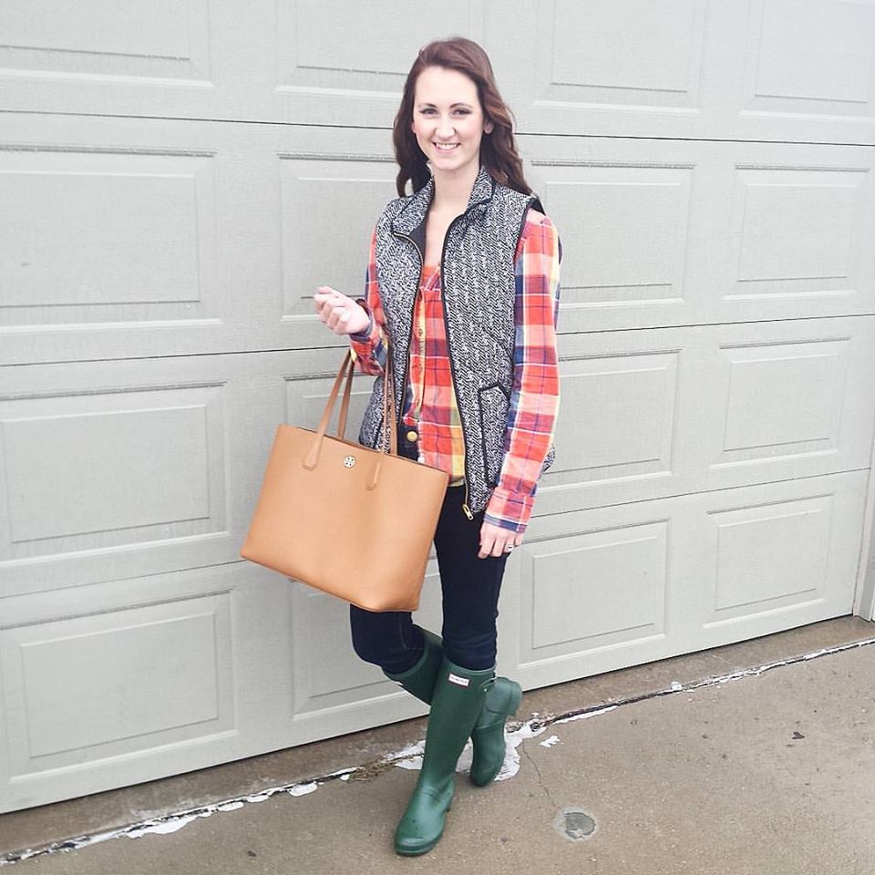 Tory Burch Tote, Hunter boots, herringbones vest