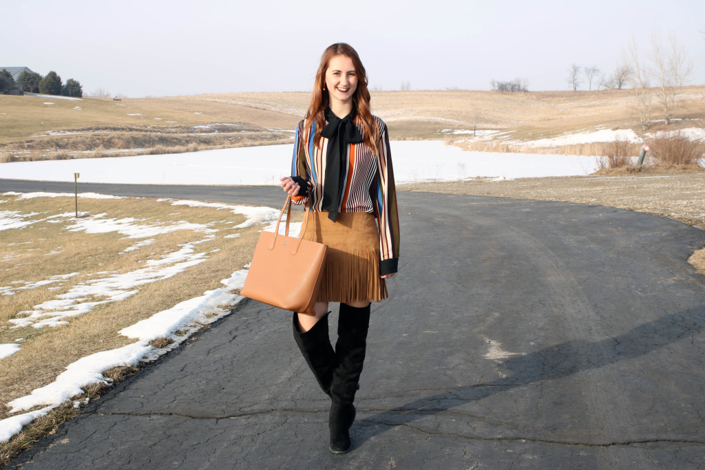 SheIn blouse, fringe skirt, OTK boots