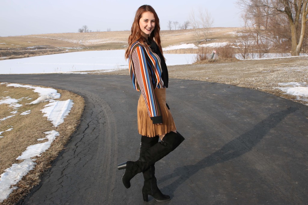 Forever 21 boots, blouse, fringe skirt