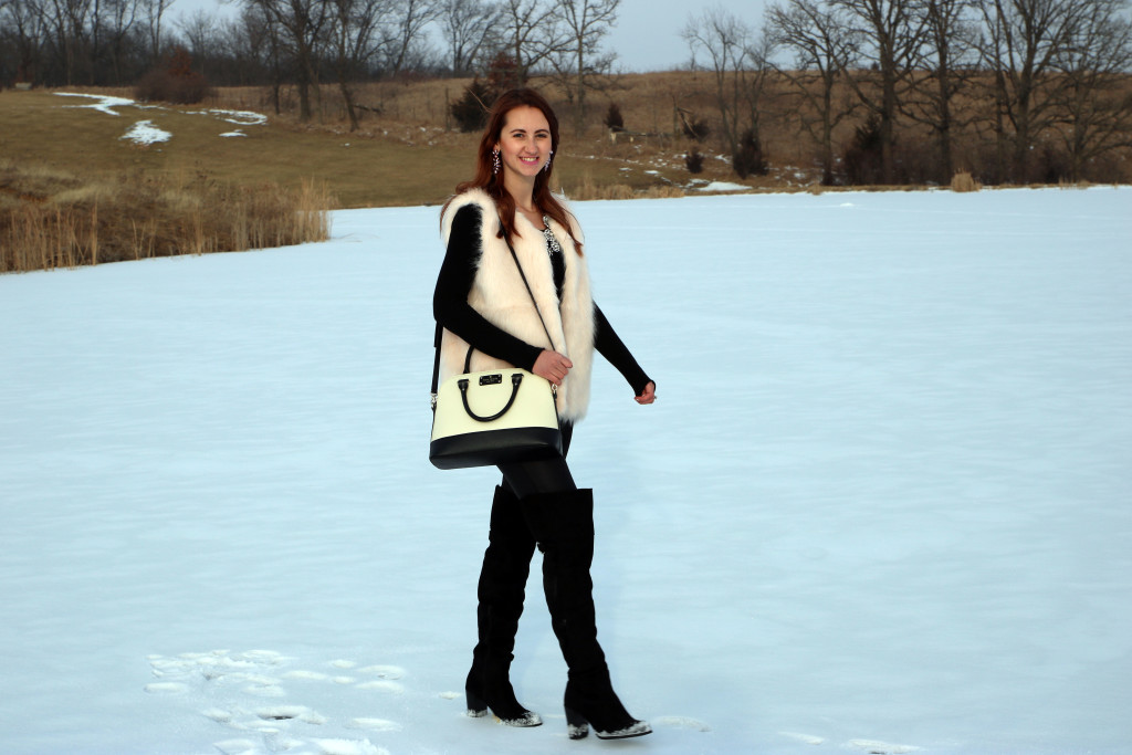 fur vest, Kate Spade bag, OTK boots