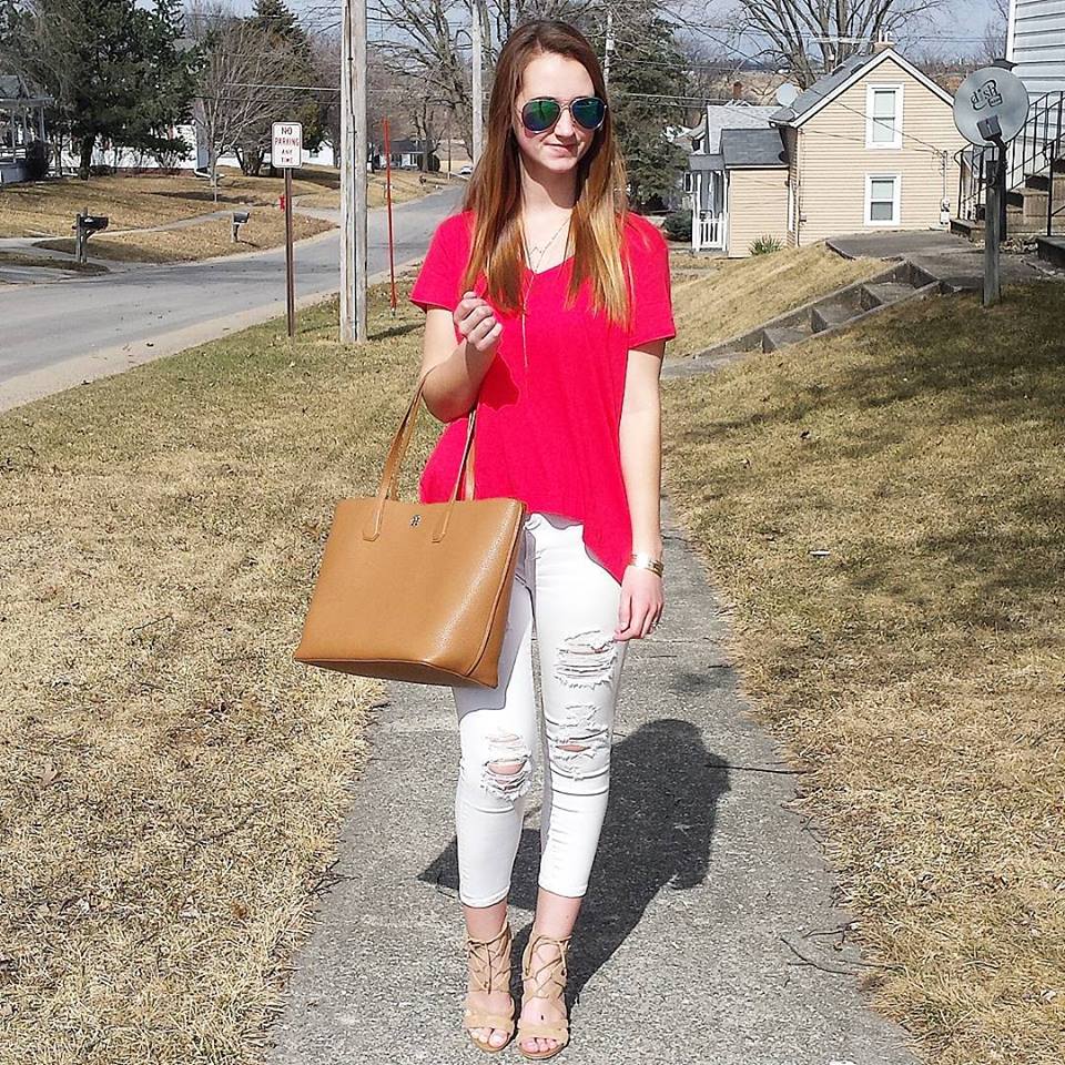 Express hi-lo top, Tory Burch tote, Nordstrom