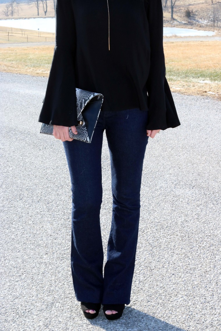 Express flare jeans, snake skin clutch, Target