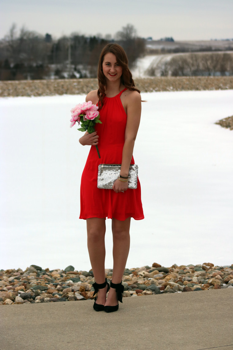 Express red dress, Valentine's Day look