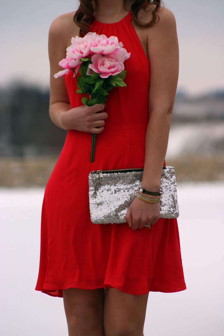 pink peonies, sequin clutch