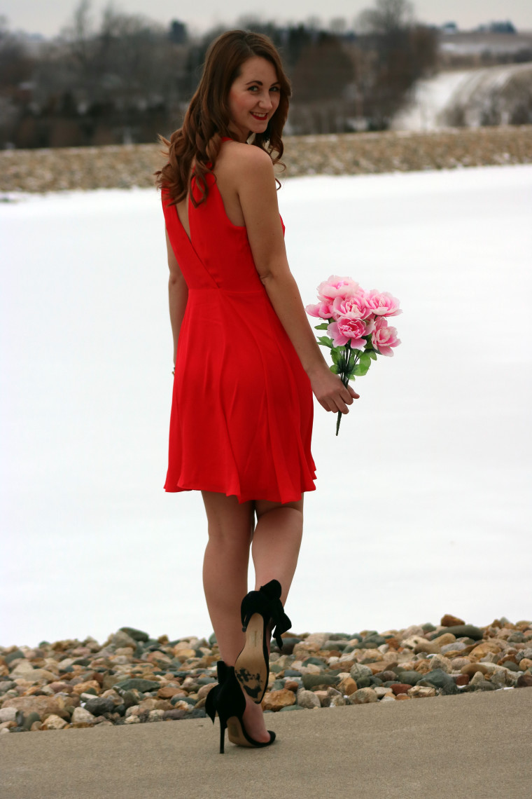 bow heels, red dress, Valentine's date night look 