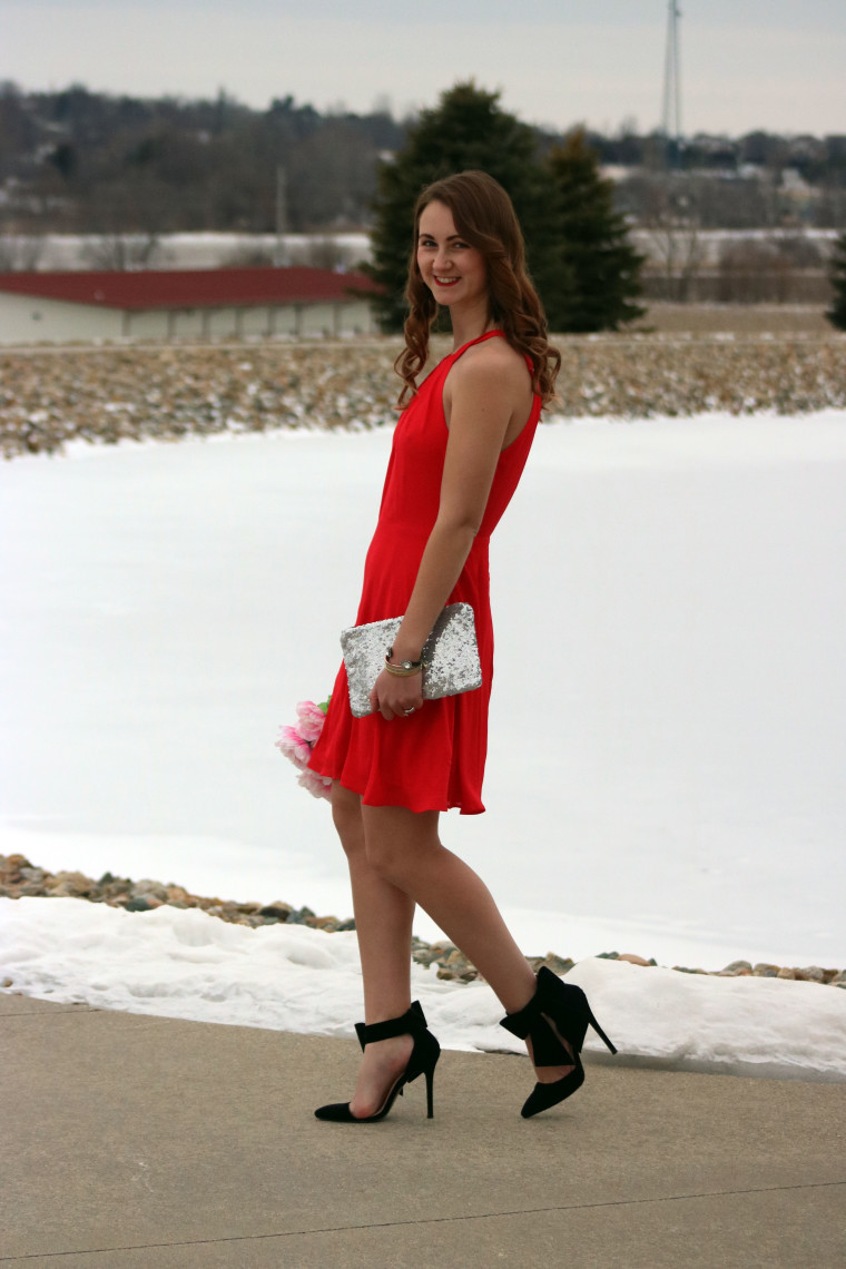 sequin clutch, red dress, bow heels
