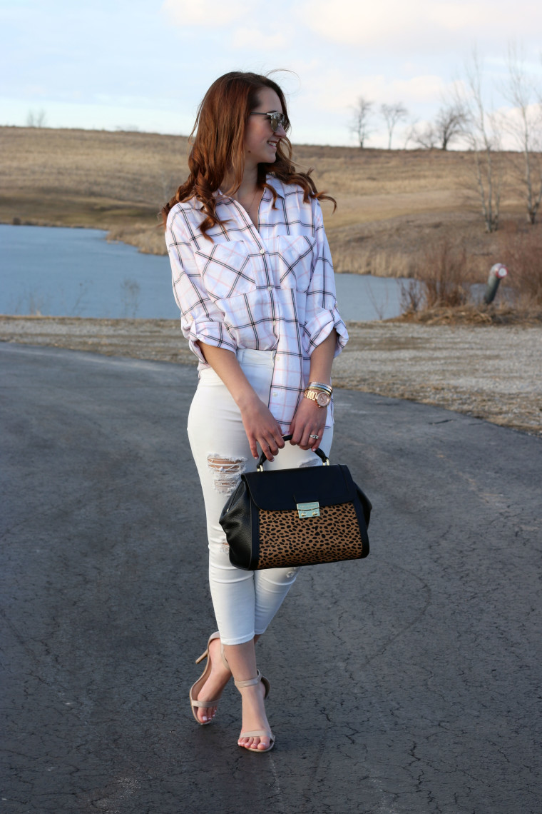 Express plaid top, American Eagle crop jeans