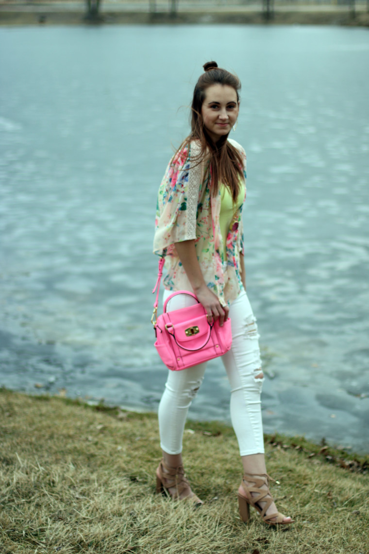 Target pink purse, spring colors, Express kimono