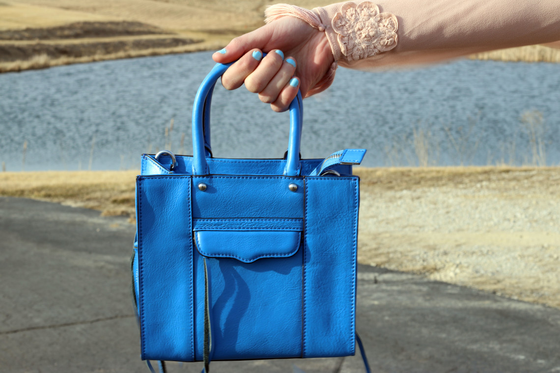 pastel blue bag, Rebecca Minkoff mini mac tote