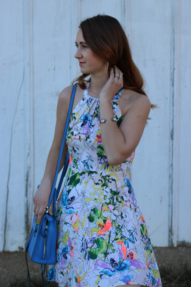 Rebecca Minkoff tote, pastel blue, Express floral dress