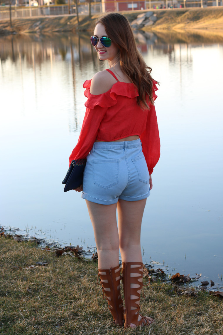 Forever 21 high-waist shorts, orange top, gladiators, Target