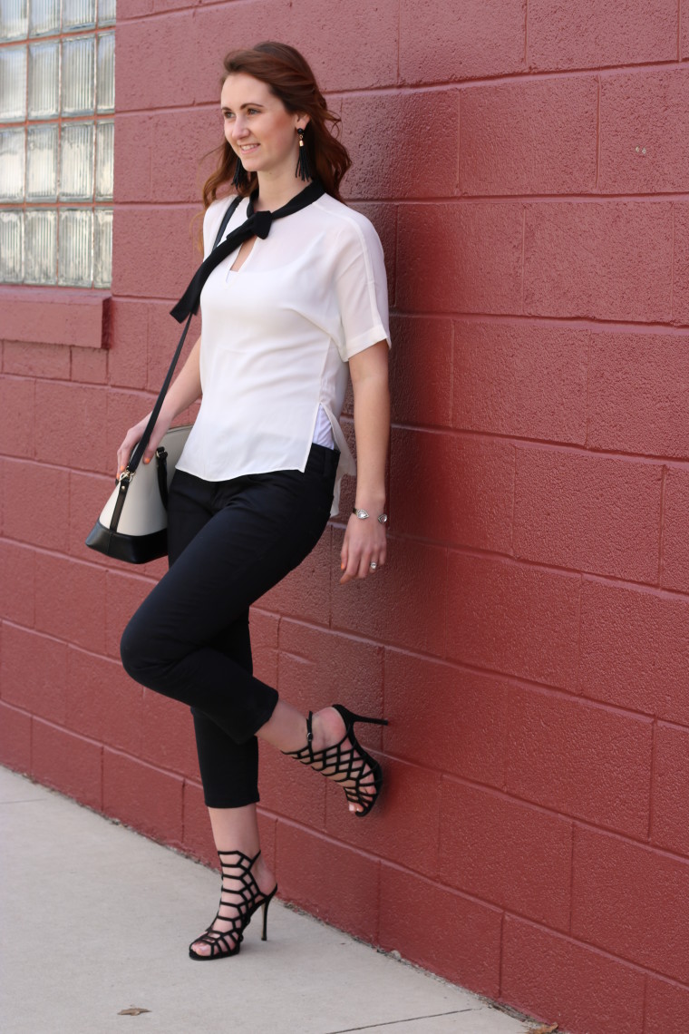 black and white outfit, Express bloise. Steve Madden heels, Kate Spade tote