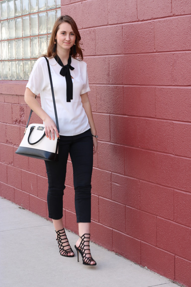 black and whtie outfit, Express tie blouse, Steve Madden heels, Kate Spade bag