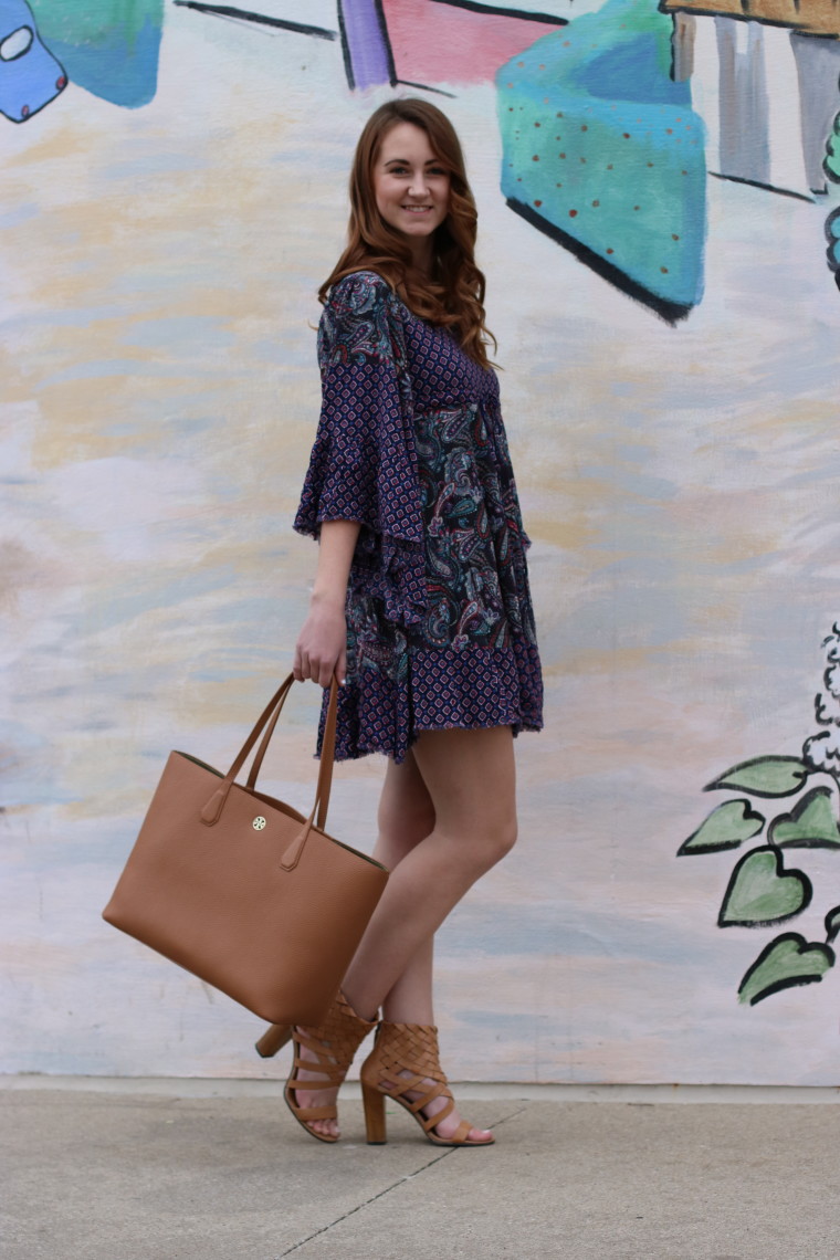 Tory Burch tote, printed dress, bell sleeves, Iowa City, Iowa