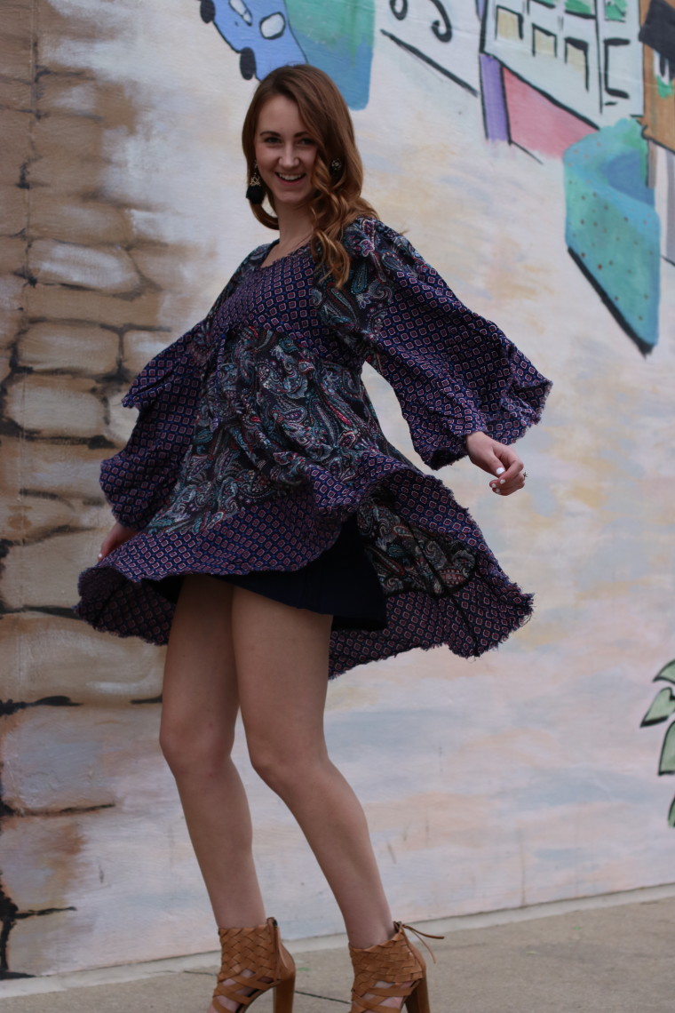 spinning, printed dress, bell sleeves, mural, Iowa City, Iowa