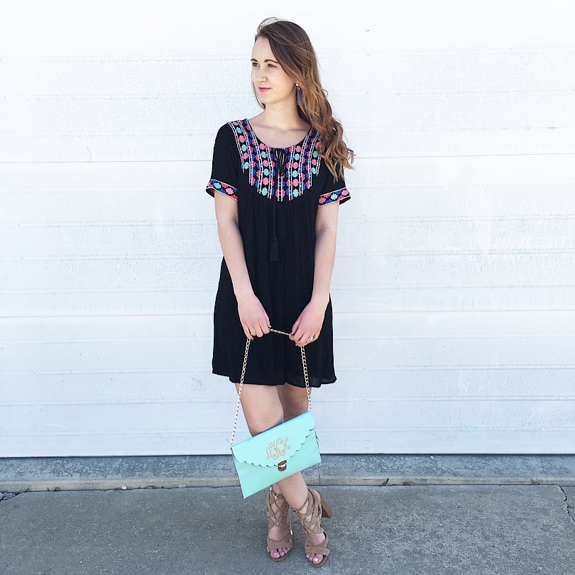 The Mint Julep Boutique embroidered dress, Marly Lily monogram clutch