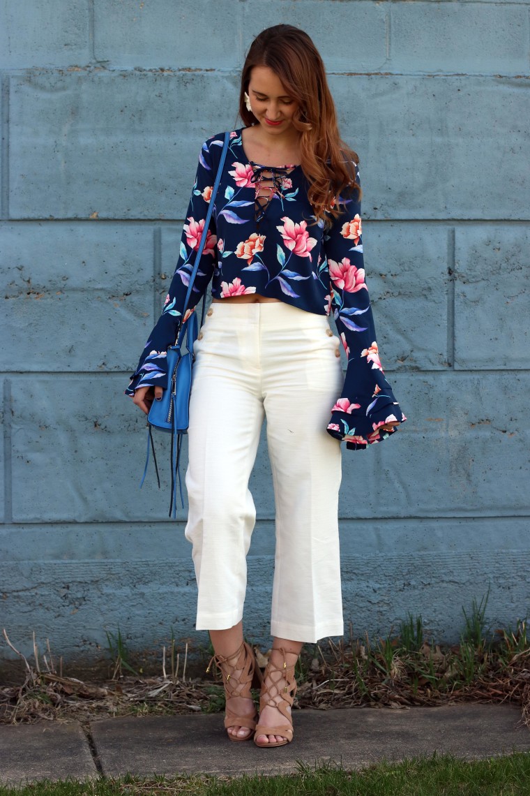 Forever 21 floral crop top, Loft culotte pants, Rebecca Minkoff mini MAB tote