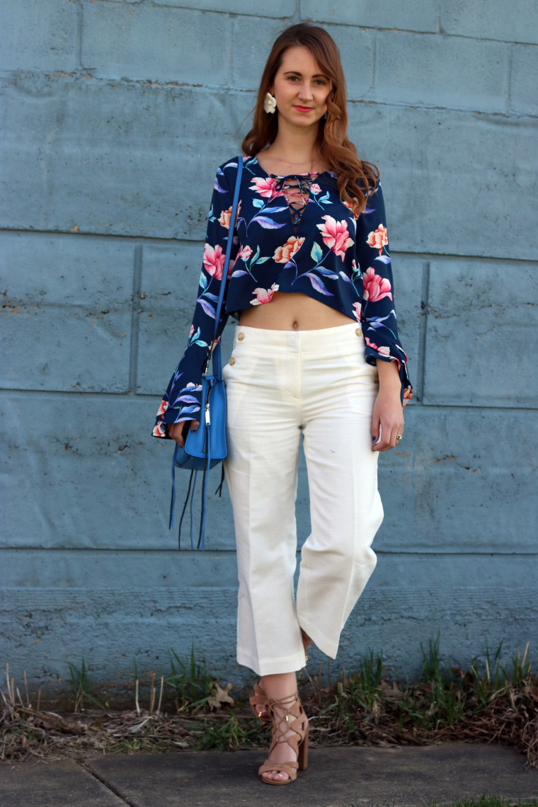 Forever 21 floral blouse, culotte pants, crop top