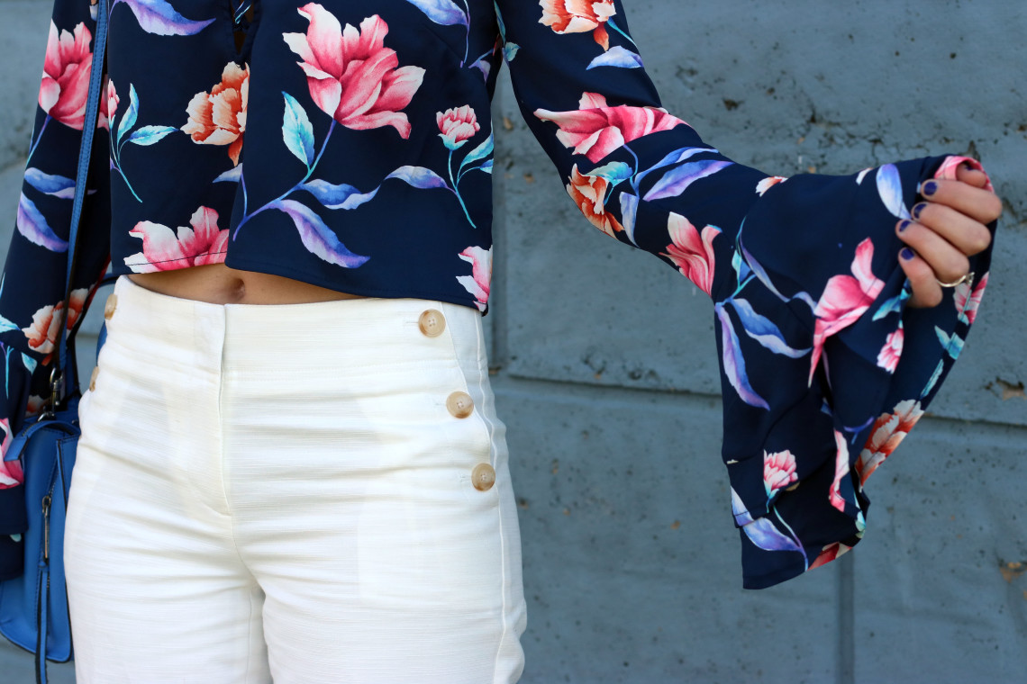 bell sleeves, Forever 21 floral blouse, Loft culotte pants