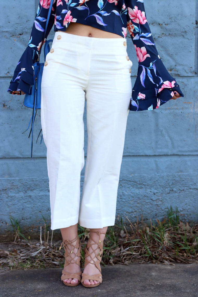 Loft culotte pants, white pants, Nordstrom sandals, floral blouse