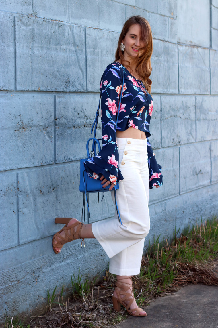 Iowa blogger, floral blouse, bell sleeve top, Sam Edelman sandals, Loft culotte pants, white pants