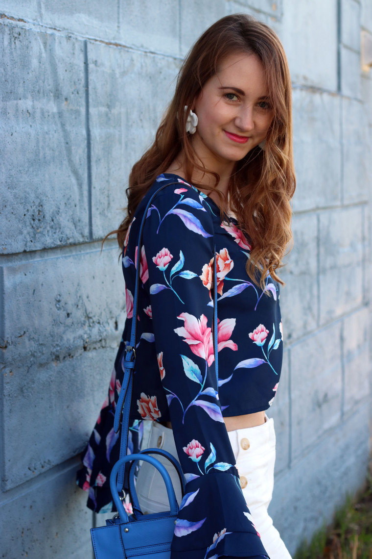 floral blouse, sexy look, Loft culotte pants, Forever 21 floral blouse, Rebecca Minkoff tote