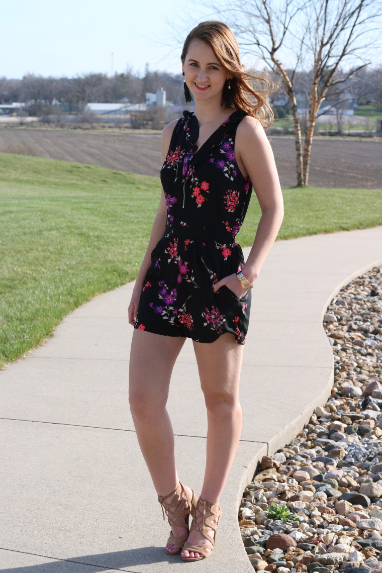Express floral romper, Same Edelman lace-up sandals, 1 year blogiversary