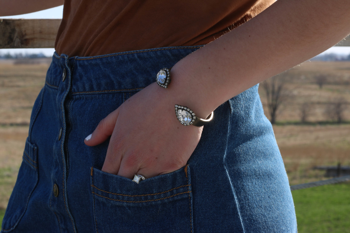 Loren Hope cuff bracelet, denim skirt