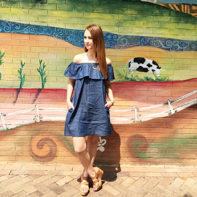 chambray off the shoulder dress, suede wedges, downtown Iowa City
