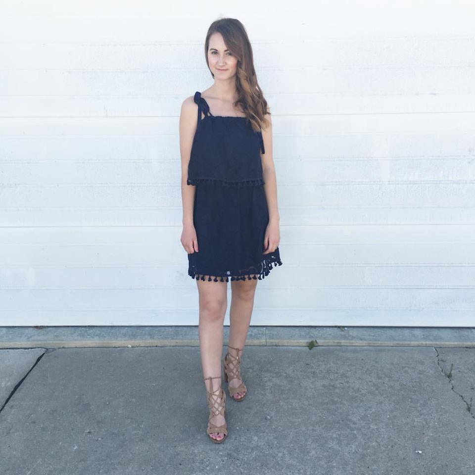 navy blue tassel dress, lace up sandals, pom poms, tresemme