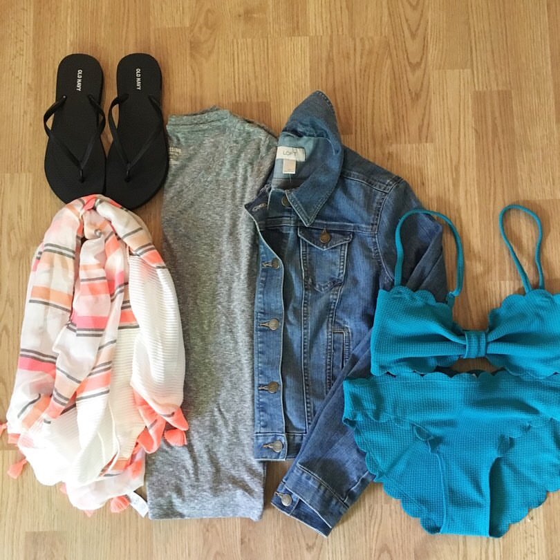 Old Navy, scallop swimsuit, tassel scarf, denim jacket, memorial day finds, sale