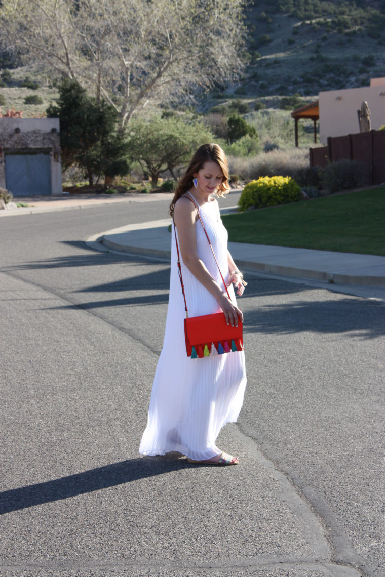 pleated dress, Target sandals, tassel bag, Grand Junction, Colorado