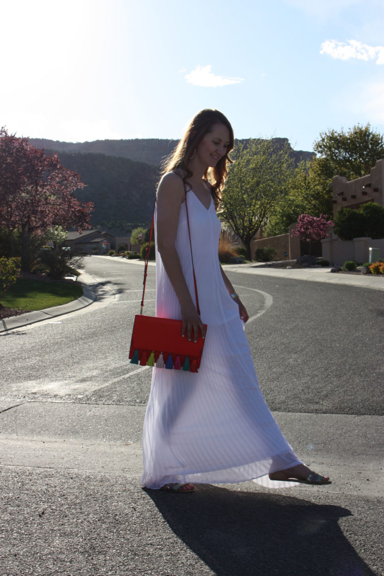 tassel bag, pleated maxi dress, Grand Junction, Colorado