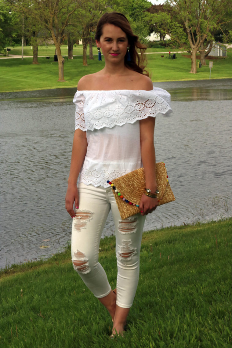 Francescas, eyelet off the shoulder top, white on white